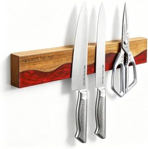 MEN WITH THE POT Magnetic Knife Strips, No Drill Adhesive 16" Magnetic Knife Holder, Acacia Wood & Red Resin Knife Rack for Wall Mount Fridge Refrigerator, Kitchen Knife Bar Tools Organizer