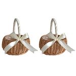 Pvcqjkd 2Pcs Woven Rattan Storage Basket Flower Girl Hand Basket Handmade with Bow,Small