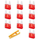 JatilEr Car Fuses Mini Blade 10 Amp, Mini Blade Fuses 10 Pcs, Automotive Replacement Fuses, Automotive Tools with 1 Fuse Puller for Car/Rv/Truck/Motorcycle/Boat