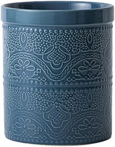 Fun Elements Kitchen Utensil Holder, 7.2" Super Large Utensil Crock Heavy and Stable Lace Emboss Ceramic Utensil Holder for Kitchen Counter (Grayish Blue)