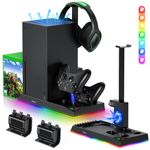 RGB Charging Stand with Cooling Fan for Xbox Series X Console & Controller,Dual Charger Station Cooler System Accessories with 15 RGB Lights,2 x 1400mAh Rechargeable Battery,Headphone stand,Game Discs