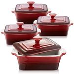 LOVECASA Ceramic Mini Cocottas with Lids, 10 OZ / 310ml Souffle Dishes for Creme Brulee, Ice Cream and Souffle, Rectangle, Rust red Gradient, Set of 4