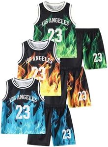 Jolyshlid Boys' Active Shorts Set 6 Pieces Athletic Jersey Tank Top and Basketball Shorts Set Green Yellow Blue 11-12Y