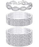 JeryWe 3 PCS Rhinestone Stretch Bracelets for Women Bridal Shinning Wedding Strand Tennis Bracelet Set Stackable Shinning Crystal Jewellry Silver Tone