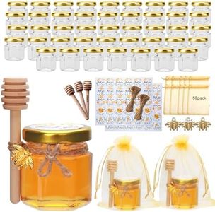 XING-RUIYANG 1.5 oz Glass Honey Jar- Small Hexagonal Honey Jars with Wooden Dipper Gold Lid Bee Charms Gold Gift Bags and Rope for Baby Shower Wedding Party Favors (50 PACK)