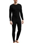 COLORFULLEAF Mens Cotton Thermal Underwear Union Suits Henley Onesies Base Layer - Black - Medium