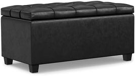 SIMPLIHOME Sienna 33 inch Wide Transitional Rectangle Storage Ottoman Bench in Distressed Black Vegan Faux Leather, Assembled, for The Living Room, Entryway and Family Room