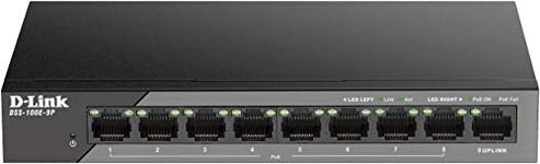 D-Link DSS-100E-9P 9-Port Fast Ethernet PoE Unmanaged Surveillance Switch, supports up to 250 metres long range PoE, 8 x PoE ports, 92 W PoE budget, Gigabit uplink, 6kV surge protection, fanless