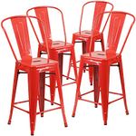 Flash Furniture Commercial Grade 4 Pack 24" High Metal Indoor-Outdoor Counter Height Stool with Back, Plastic, Galvanized Steel, Red, Set of 4