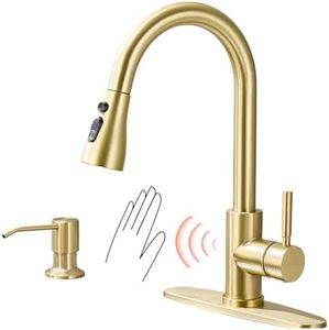 TOYWIA Touchless Kitchen Faucets with Pull Down Sprayer and Soap Dispenser, Brushed Gold Smart Motion Sensor Stainless Steel Sink Faucet with Deck Plate 1 or 3 Hole Mount for RV, Bar, Outdoor