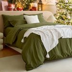 Double Stitch Cotton Tencel Lyocell Duvet Cover Queen - Cooling Duvet Cover Set, Crisp Breathable, Smooth Comforter Cover, Hotel Collection Bedding Set, 1 Duvet Cover, 2 Shams, Olive Green