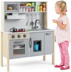 Maxmass Wooden Kids Play Kitchen, Toddler Role-play Cooking Playset with Ice Maker, Cookware Utensils, Cuttable Fruits, Range Hood, Children Pretend Kitchen for Boys Girls (Grey)
