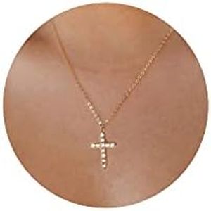 Tewiky Diamond Cross Necklace for women-Dainty 14k Gold Cubic Zirconia Pendant Necklaces Simple Gold Cross Pendant Necklace Cute Tiny Gold Jewelry