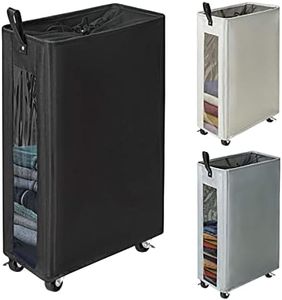 ZERO JET LAG 62L Large Slim Rolling On Wheels Laundry Hamper Basket Clear Window Visible Dirty Clothes Hamper Clothes Storage Standable Corner Handy Bin (25 Inches,Black)