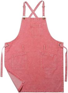 VANTOO Denim Chef Apron for Women with Pockets, Pink Jean Waitress Server Kitchen Apron for Men Women Cooking Gardening Painting Hairstylist (58-Pink)