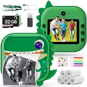 Skirfy Kids Camera Instant Print,Boy Toys Digital Camera for Kids with 5 Print Paper&32G TF Card,Dinosaur Selfie Camera with Color Pens&Stickers,48MP Video Camcorder with Lanyard,Birthday Boy