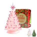 Pink Ceramic Christmas Tree Decorations 13 Inch Christmas Table Gifts Decoration Winter Tree Aesthetic Room Home Decor with Star Topper Vintage Christmas Decor Gifts for Family Friends