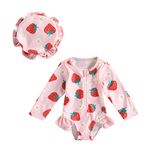 Toddler Baby Girl Swimming Costume with Hat Long Sleeve Zip Up Floral Ruffle Swimsuit Sun Protection Rash Guard Swimwear One Piece Bathing Suits Summer Beachwear (Strawberry Rose, 6-9 Months)