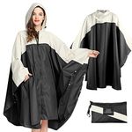 SOPPY Lightweight Waterproof Rain Poncho for Women Men, Windproof Reusable Ripstop Breathable Raincoat with Hood for Outdoor Activities Quick Dry Hooded Raincoat Free Size - Black&White