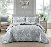 BQC Quilted Bedspread Bed Throw Comforter Embroidered Machine Washable 3 Pcs Printed Bedding Set with 2 Pillow Shams (Damask Grey, King)