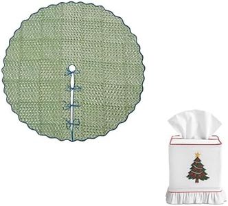 Ridhi Holiday Home Decor Bundle – 70" Basil Green Hand Block Printed Christmas Tree Skirt & 400 TC White Cotton Embroidered Christmas Tree Tissue Box Cover | Rustic Boho Holiday Decor & Gift Set
