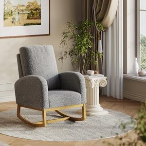 Nursery Rocking Chair, Comfy Upholstered Glider Rocker Armchair with High Back and Side Pocket for Living Room Bedroom, Dark Gray