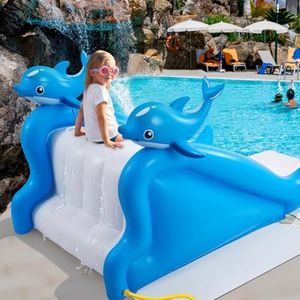 Seenelling 98 Inch Giant Inflatable Dolphin Pool Slide for Kids & Adults, Swimming Pool Play Center Inflatable Water Slide for Inground Above Ground Pools, Summer Backyard Parties for Kids & Adults