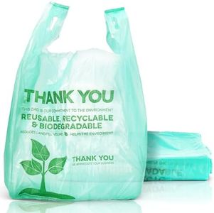 FMP Brands 100 Count Eco Biodegradable Plastic Grocery Bags with Handles, T-Shirt Thank You Shopping Bags, Reusable Plastic Shopping Bags Bulk for Small Business, Restaurant, Groceries, Supermarket