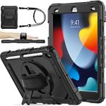 SEYMAC stock Case for iPad 9th/ 8th/ 7th Generation 10.2'', Shockproof Case with Screen Protector Pencil Holder [360° Rotating Hand Strap] & Stand, Case for iPad 10.2 inch 2021-2019, Black