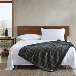 Eddie Bauer - Throw Blanket, Cotton Flannel Home Decor, All Season Reversible Sherpa Bedding (Pine Tartan, Throw)