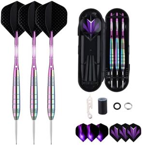 sanfeng Steel Tip Darts Set for Dartboard, Pro Darts with Metal Tip 24 Grams, Colorful Brass Barrel + Purple Aluminium Shafts 9 Flights 50 Rubber O-Rings 12 Spring Rings 1 Dart Sharpener Tool