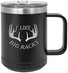 Rogue River Tactical Funny I Like Big Deer Racks Hunting Heavy Duty Stainless Steel Black Coffee Mug Tumbler With Lid Novelty Cup Great Gift Idea For Dad Men Hunter