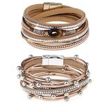 Gleamart 2 Pieces Multilayer Leather Bracelet Set Beads Wrap Bangles with Magnetic Buckle for Women 02