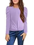 Arshiner Girl Long Sleeved T-Shirt Puff Sleeves Fashion Plain Top Casual Round Neck Sweatshirt Children Casual Tops Children's Clothing Purple 9-10 Years