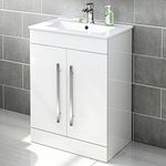 iBathUK Avon Vanity Unit with Basin, Slim Edge Ceramic Wash Basin for Bathroom Furniture, Storage Cabinet with 2 Doors- Gloss White (Flat Pack)