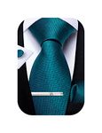 DiBanGu Teal Tie for Men Silk Solid Necktie Pocket Square Cufflink Tie Clip Set Wedding Prom