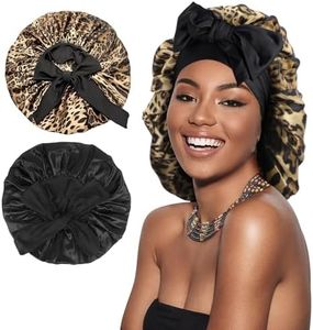 Arqumi 2 Pcs Cheetah-Print Satin Silk Bonnet for Sleeping Women with Long Strap Tie Band, Large Adjustable Cute Sleep Night Cap Hair Bonnet for Men Short Hair, Black+Leopard