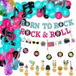 91 Pcs 50s Rock and Roll Party Decorations 50s Party Decorations Including Element flag, Hanging Swirl, Cake Toppers, Balloons, Banner for 50s Theme Party, Sock Hop Party Decorations