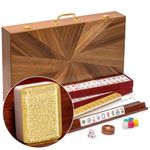 Yellow Mountain Imports American Mahjong Set, Golden Fortune with 166 Acrylic Mahjong Tiles, Inlaid Wooden Case, Racks and Other Accessories