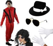 Adults King of Pop Costume - Small - Red Jacket and Trousers, Black Wet-Look Wig, Black Fedora Hat, White Gloves, Black Sunglasses - Adults Halloween Fancy Dress Costume