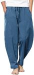 COOFANDY Men's Cotton Linen Elastic Pants Drawstring Waist Harem Loose Pants Dark Blue M