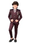 Royal Rich Boy's 5 Piece Tuxedo Suit Set, Coat, Pants, Tie, Waistcoat and Shirt Suit Set for Boys, Solid 5 Piece Coat Suit Set (Wine_2-3 Years)