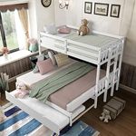 DORTALA Twin Over Twin Pull-Out Bunk Bed, Wood Bunk Bed with Trundle Wooden Ladder, Safety High Guardrail, Solid Wood Frame, Bunk Beds for Home, Dorm, Apartment, White