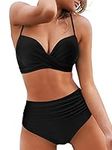 OMKAGI Womens High Waisted Bikini Set Push Up Swimsuit Twist Front Swimwear Bathing Suit(M,Black)