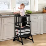 COSYLAND Toddler Standing Tower - Adjustable Height Toddler Kitchen Stool Helper - Kids Kitchen Step Stool for Learning with Removable Safety Railing Black