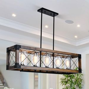 Sdorens Wooden Kitchen Island Lighting, 5-Light Dining Room Light Fixtures Over Table, Farmhouse Linear Chandelier for Dining Room, Pool Table Pendant Light with Seeded Glass Shade