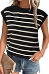 Arach&Cloz Womens Spring Summer 2024 Sweaters Vest Crew Neck Striped Knit Sleeveless Tops Work Business Clothes Outfits Black