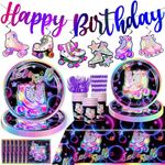 189pcs Roller Skating Party Supplies Tableware Set, Roller Skate Party Decorations Include Banner Plates Napkins Cups Tablecloth for Birthday Party, Serve for 25 Guests