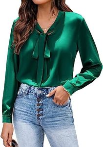 Zeagoo Blusa de satén para mujer, cuello en V, manga larga, elegante, blusa de seda, túnica, informal, lisa, suelta, otoño e invierno, S-XXL, verde oscuro, S