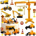 Morofme 21pcs Construction Cake Toppers Vehicles Cake Decorations Truck Digger Tower Crane Cupcake Topper Bulldozer Digger Traffic Road Sign Cake Decor Construction Theme Birthday Party Supplies